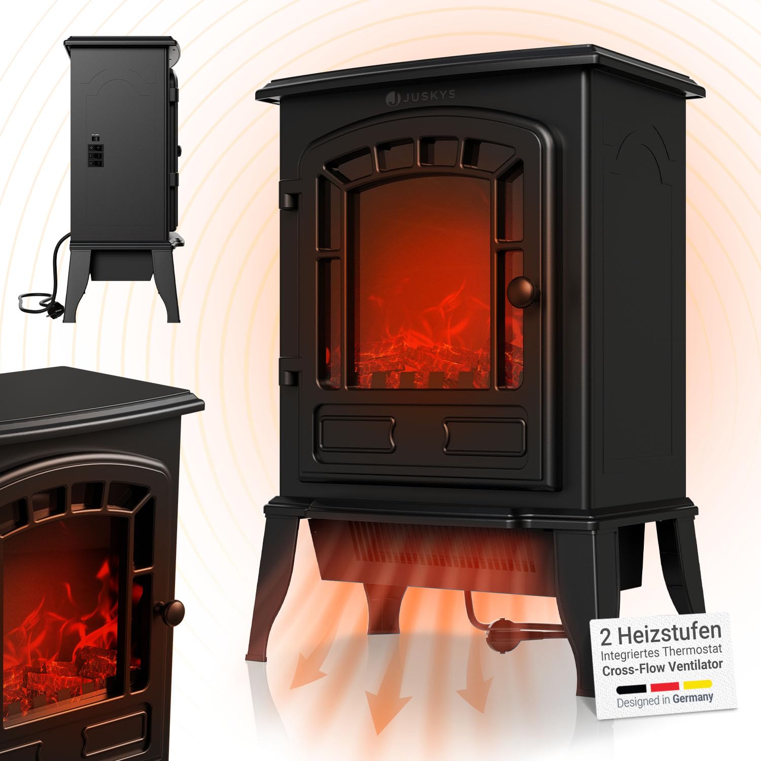 Juskys® Elektrokamin 2000 W — Schwarz, elektrischer Standkamin mit Flammeneffekt, 2 Heizstufen, Thermostat & Sicherheitsabschaltung für Wohnzimmer