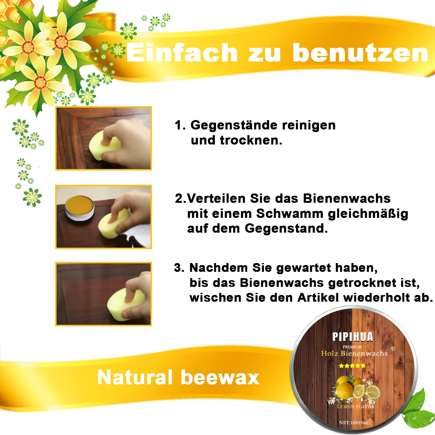 PIPIHUA Cera de Abeja Natural para Cuidado de la Madera Impermeable Muebles Limón