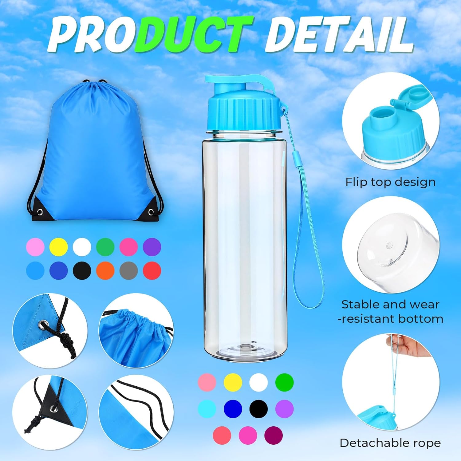 36 Pcs Mini Portable Fan 17oz Plastic Water Bottles Bulk with Drawstring Backpack, Handheld Fan Reusable Leakproof Water Bottles for Summer Gift Beach Outdoor Hiking Camping Travel Cooling