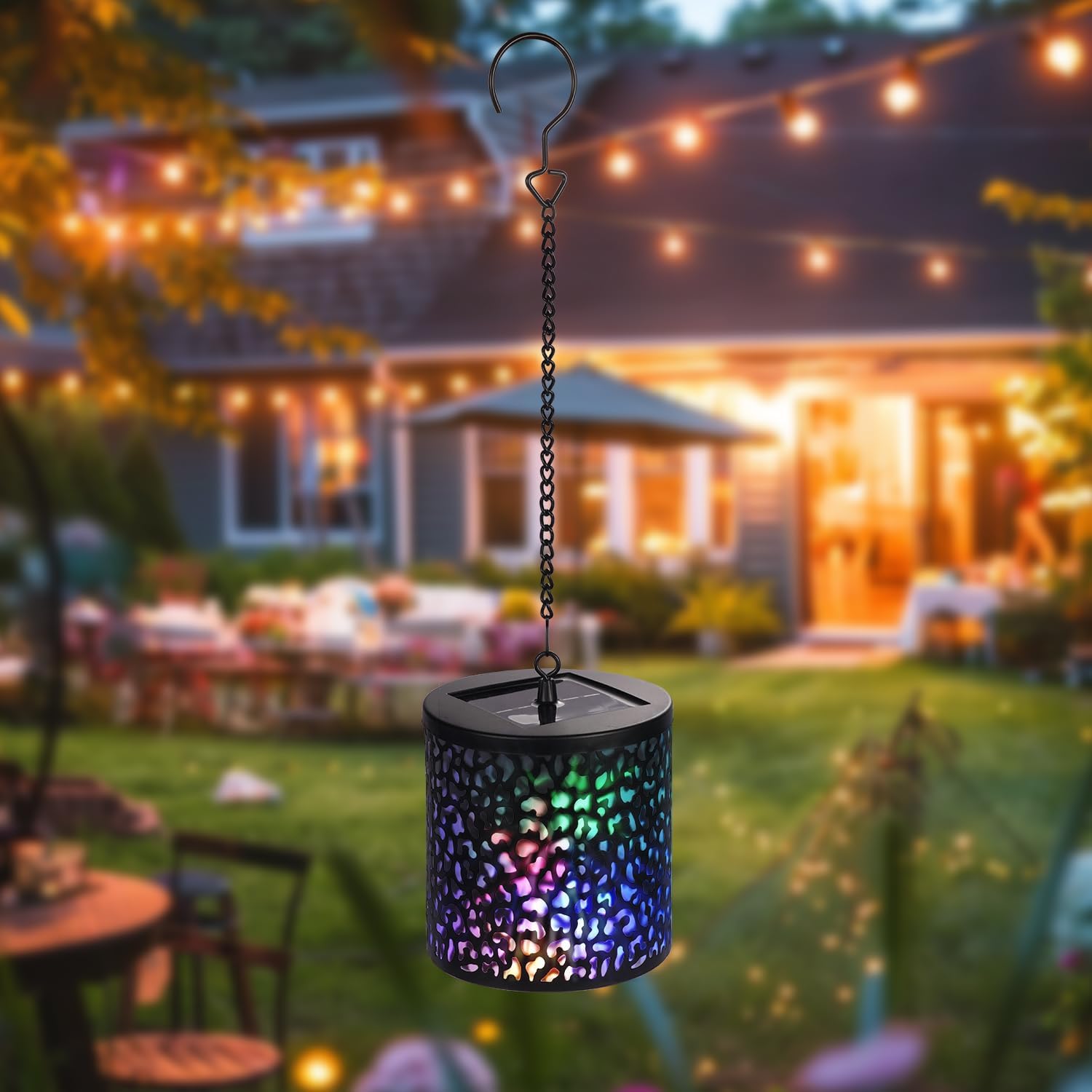 Hanging Solar Lights Outdoor Waterproof: RGB Hanging Lights with S Hooks Decor Iron Art Outdoor Solar Lantern in Garden, Pathway,Yard, Front Door and Landscape (1)