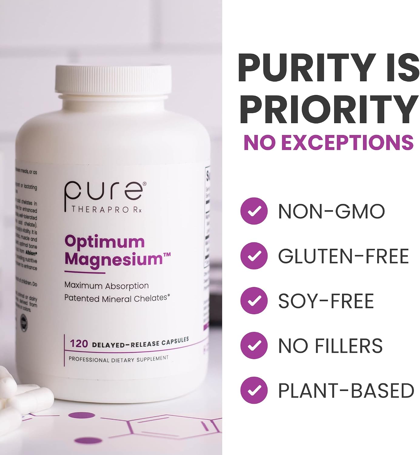 Pure TheraPro Rx Optimum Magnesium - 120 Delayed Release Vegan Capsules - Magnesium Lysinate Glycinate Chelate & Di-Magnesium Malate, Formulated for Maximum Absorption, Supports Bone Health and Energy