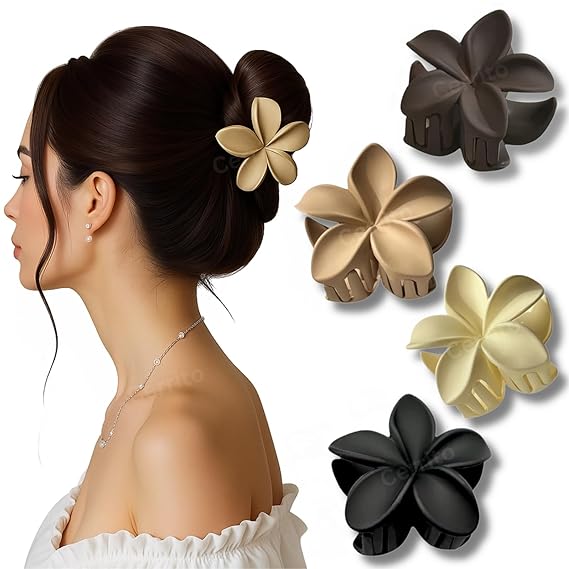 Cerrito Flower Hair Claw Clips for Women Girls – 3 Pcs Large Strong Hold Clamps for Thick Thin Hair, Matte Nonslip, Neutral Floral Claw, Styling big Hair Accessories, Ponytail Holder, Multicolor