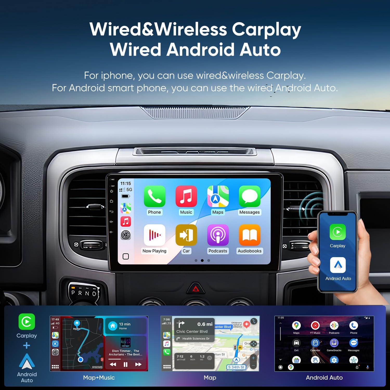 Dashboard view showing the 10-inch stereo displaying the Apple CarPlay interface, with a smartphone next to it showing the CarPlay and Android Auto logos.