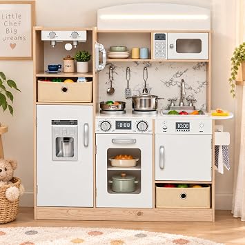 HONEY JOY Kids Kitchen Playset with Lights, Wooden Little Chef Toy Kitchen Set w/2 Storage Bins, Coffee Maker & Microwave & Ice Maker & Oven, Play Kitchen, Gift for Boys Girls Natural