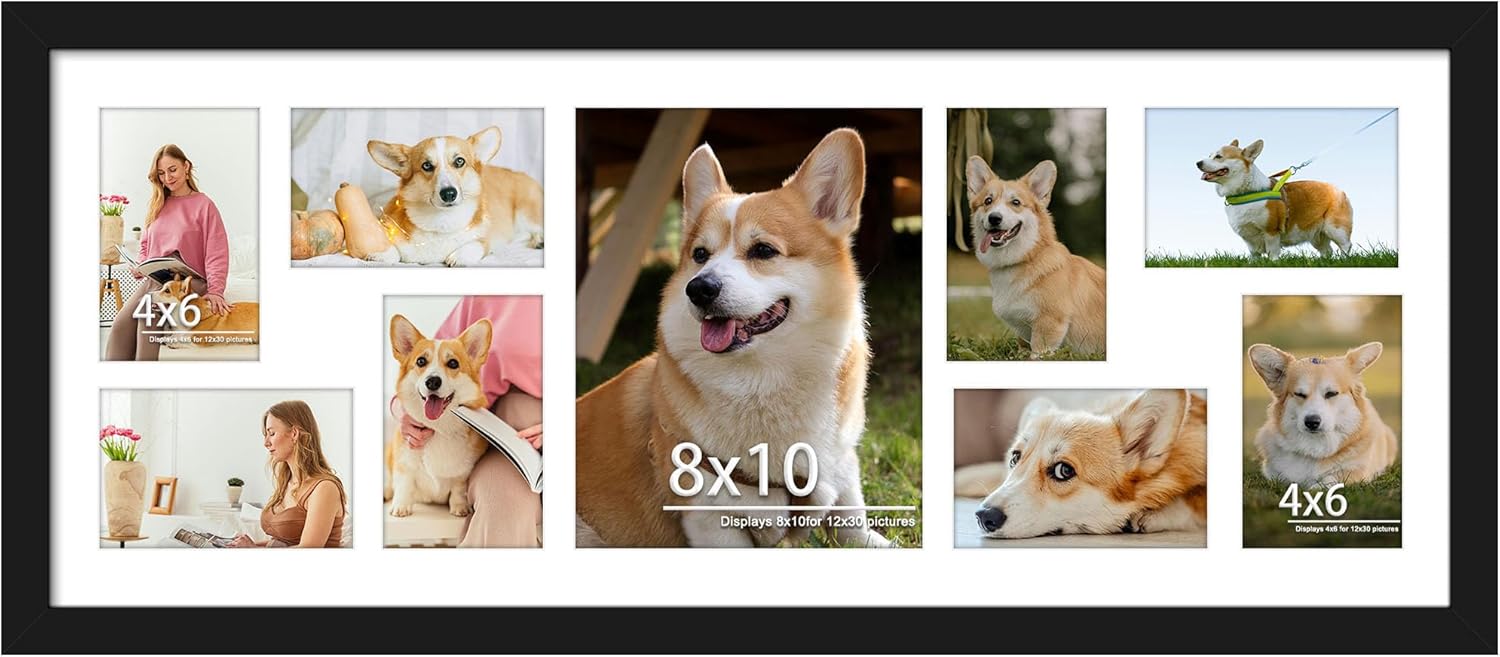 12x30 Collage Picture Frame Displays One 8x10 inch Photos and Eight 4x6 photos Collage Available Horizontal Wall Mounting Display and Vertical Black Black 12x30