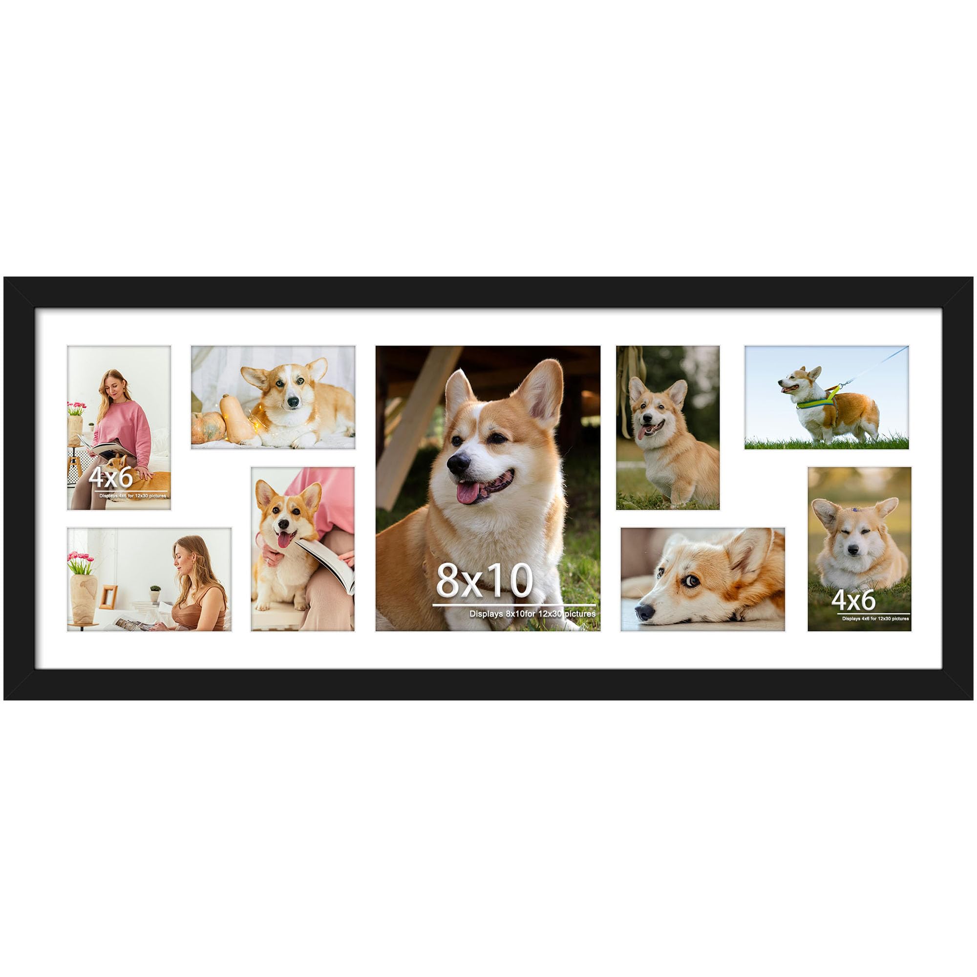 DUENPY 12x30 Collage Picture Frame Displays One 8x10 inch Photos and Eight 4x6 photos Collage Available Horizontal Wall Mounting Display and Vertical Black