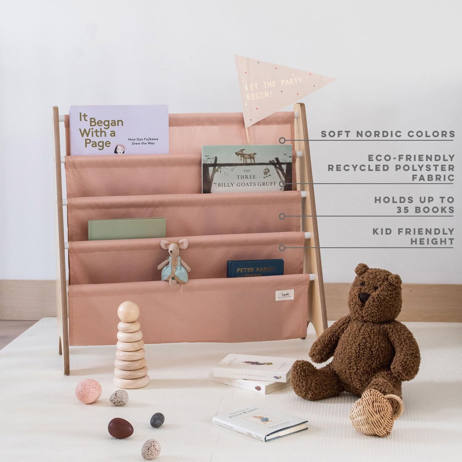 3 Sprouts Libreria Frontale Montessoriana per Bambini, Scaffale in Poliestere Riciclato, 61x63x25,4 cm