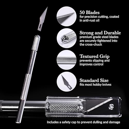 Miniatura 5 de WA Portman - Juego de cuchillos de hobby – 1 cuchillo de precisión con 10 cuchillas de acero SK5#11 – Herramienta de corte de arte para papel