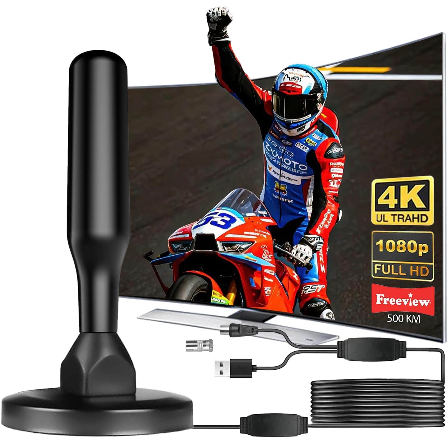 Antenne TV Intérieur Puissante, Nouveau pour 2026 Antenne TNT HD avec Amplificateur de Signal Intelligent, Réception 360° Longue Portée 500km, Support 4K HD/1080P Les Chaînes Gratuites per HDTV