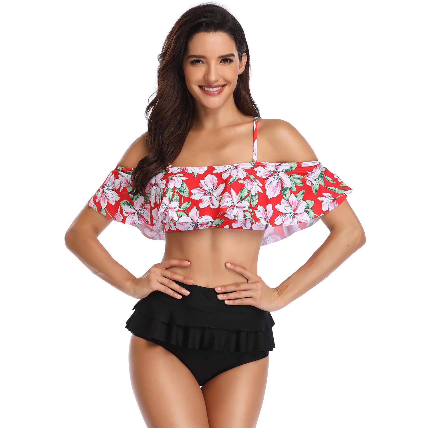Women Two Piece Bikini Set Swimsuit Bathing Suit Ruffled Flounce Top with High Waisted Bottom