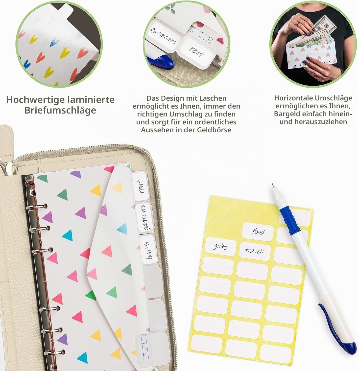 Budget-Geldbörse mit RFID-Schutz, 12 Registerkarten-Umschlägen, 12 Monatsbudgetkarten, 1 Jahresbudgetplaner, Beige