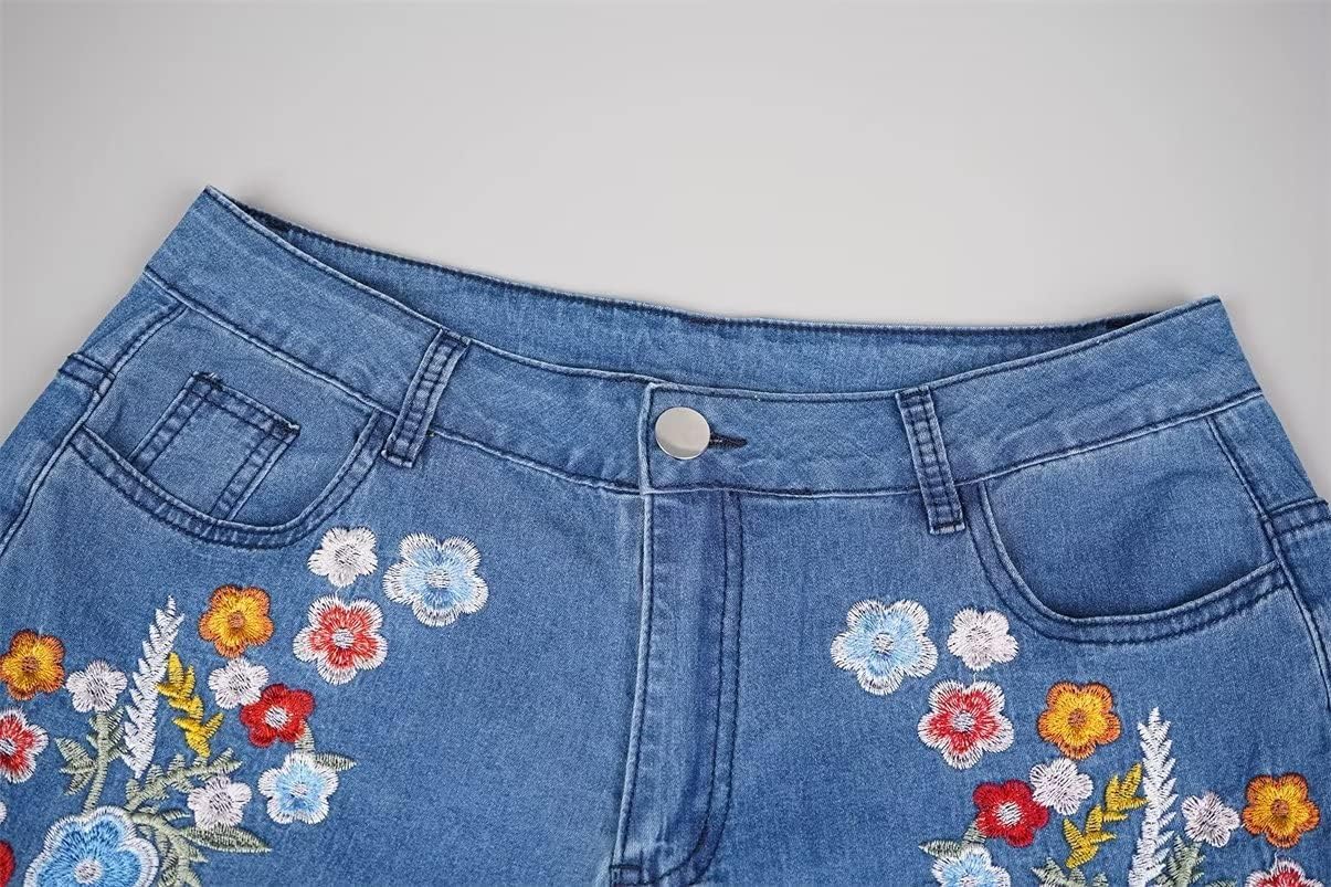 Womens Mid Rise Floral Embroidered Bell Bottom Flare Jeans Vintage Bootcut Jeans Skinny Fit Denim Pants - Image 6
