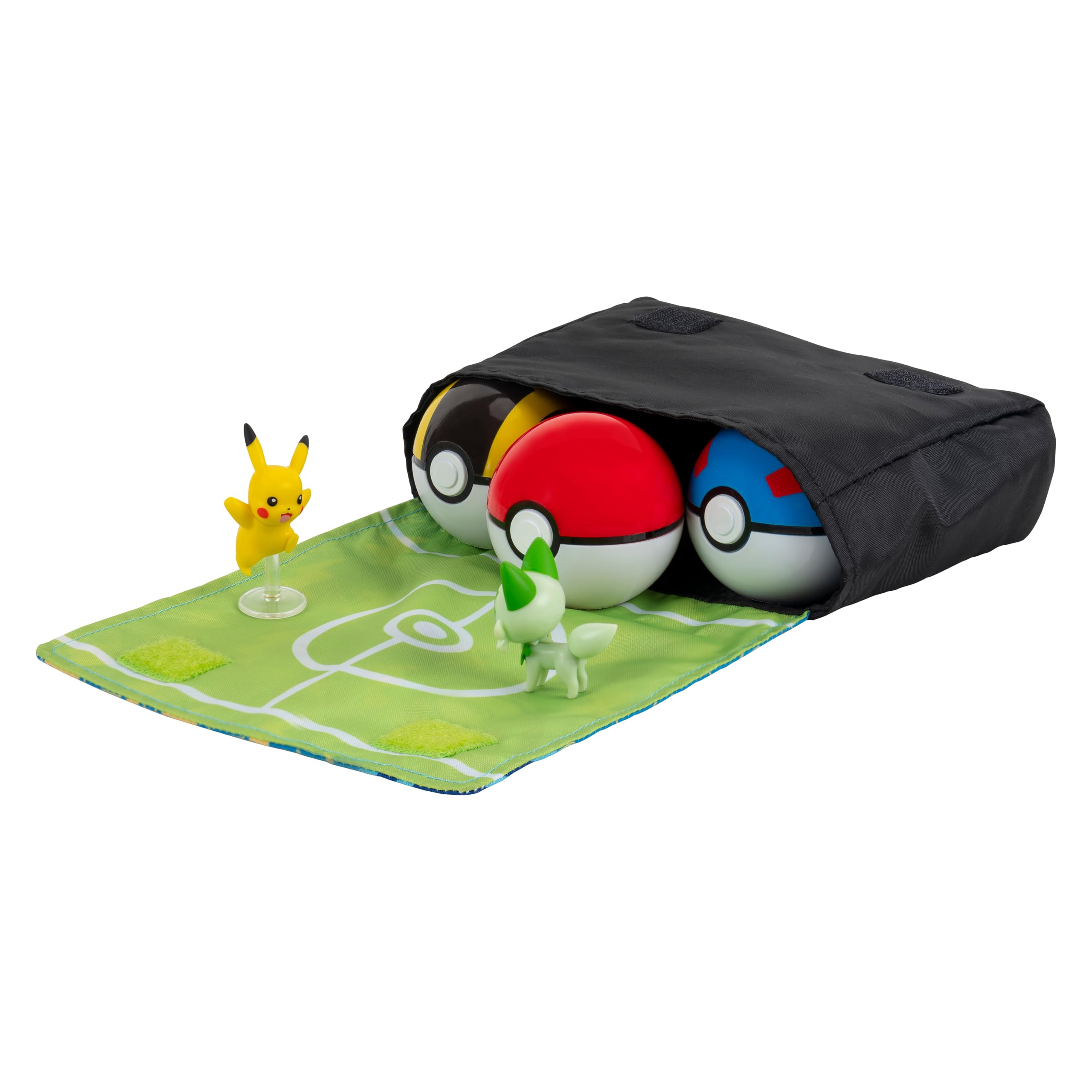 Pokemon Clip N Go Bandolier Promo Set – 5 cm personaggio di combattimento Pikachu & Sprigatito – 3 Poké Balls, cintura, borsa – Set di giocattoli per bambini 4+ – Prodotto ufficiale Pokémon per