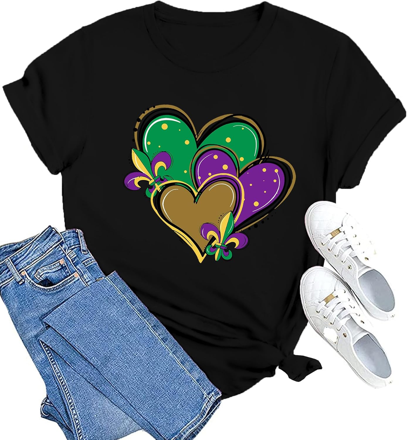 MAIHUN Happy Mardi Gras Shirt Womens Mardi Gras Day Heart Tshirt Tuesday Carnival Tee New Orleans Party Short Sleeve