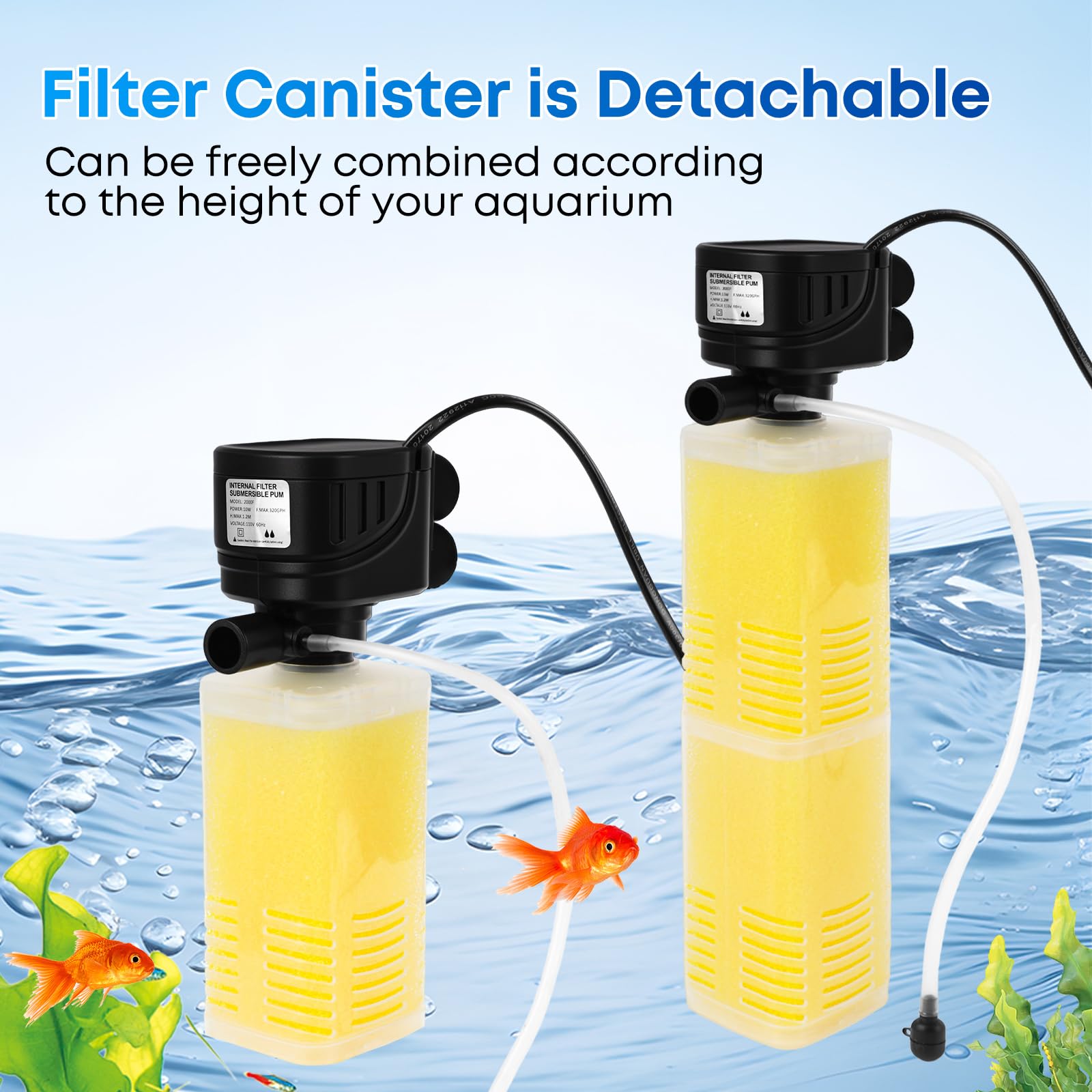 Filtre d'aquarium de 320 GPH pour aquarium de 40 à 500 litres, filtre interne submersible 4 en 1 avec filtration biochimique, pompe à eau puissante, alimentation en air et machine à vagues