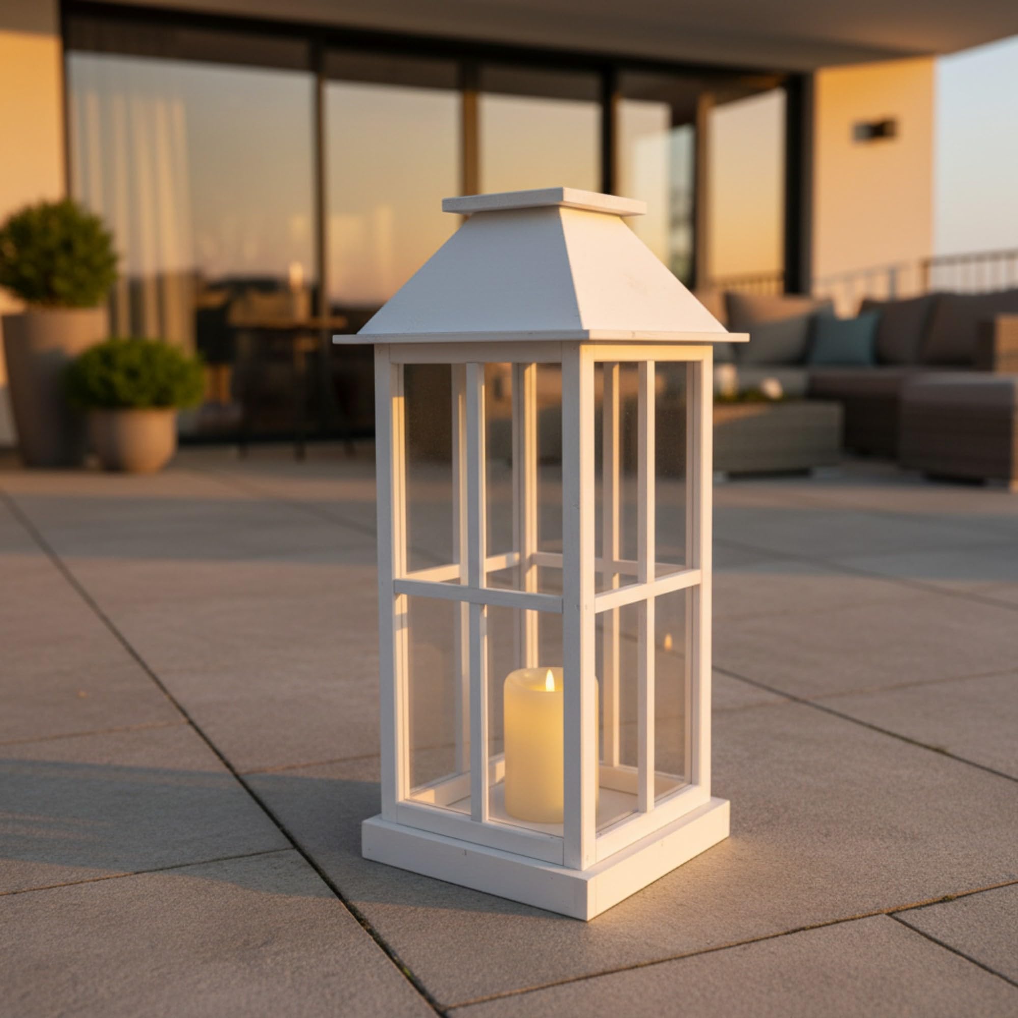 WEECO Farolillo grande de madera blanca de 74 cm – Elegante lámpara decorativa con plexiglás para salón, balcón, terraza y jardín