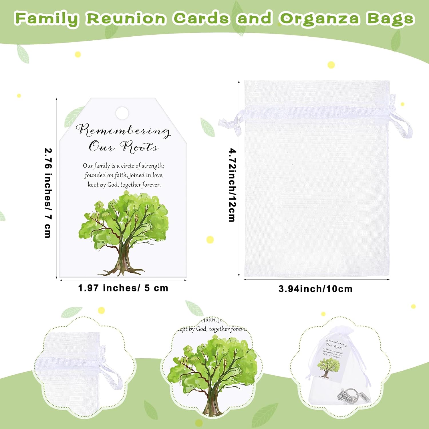 100 Sets Family Party Favors for Guests Tree Keychains Heart Tree Keychains with Cards Organza Bags Family Reunion Gift