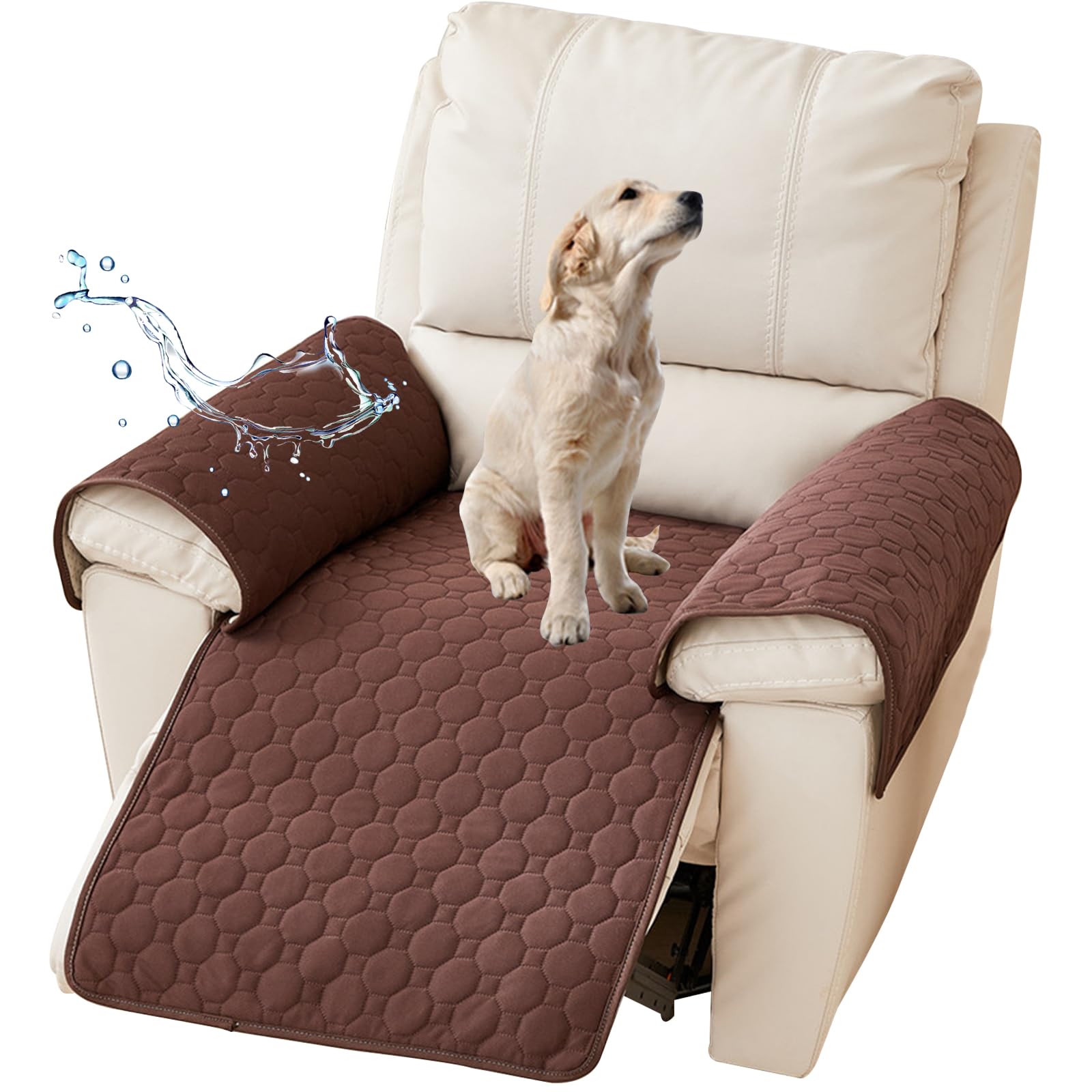NNSMUN Water Resistant Recliner Cover, Pet Sofa Protector, Nonslip Recliner Chair Covers for Reclining Chair, Quilted Thick Recliner Slipcovers for Pets and Kids, Washable (Coffee,1 Piece (19x23))