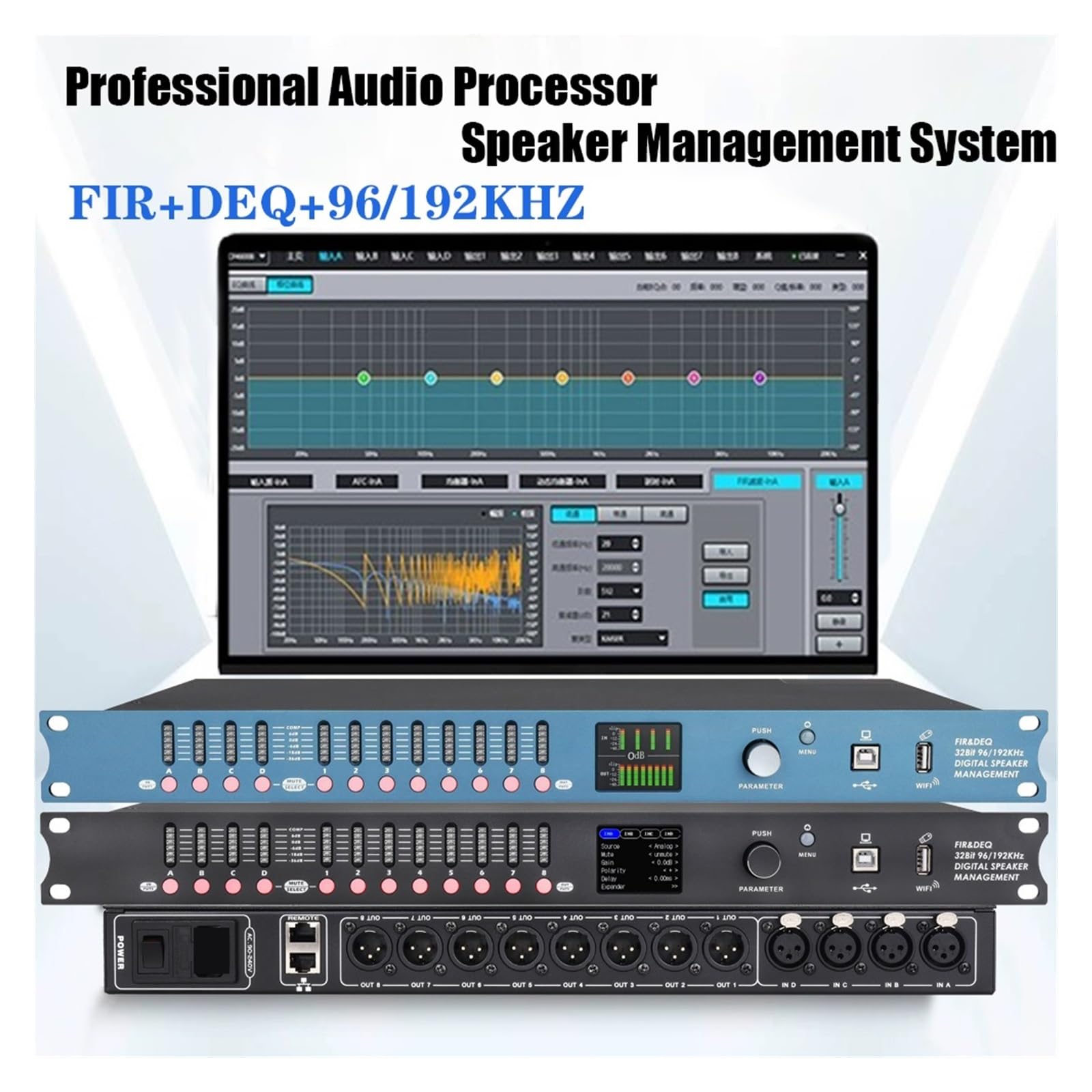 Equalizzatore Grafico DP48X Processore Audio Digitale Professionale Processore Rack for unità A 4 Ingressi 8 Uscite con di Gestione degli Altoparlanti RIR DEQ 192KHZ(Black)