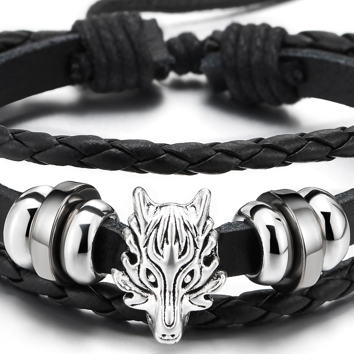 COOLSTEELANDBEYOND Mens Dragon Head Braided Leather Bracelet, Three-Strand Leather Wristband Wrap Bracelet - Image 4