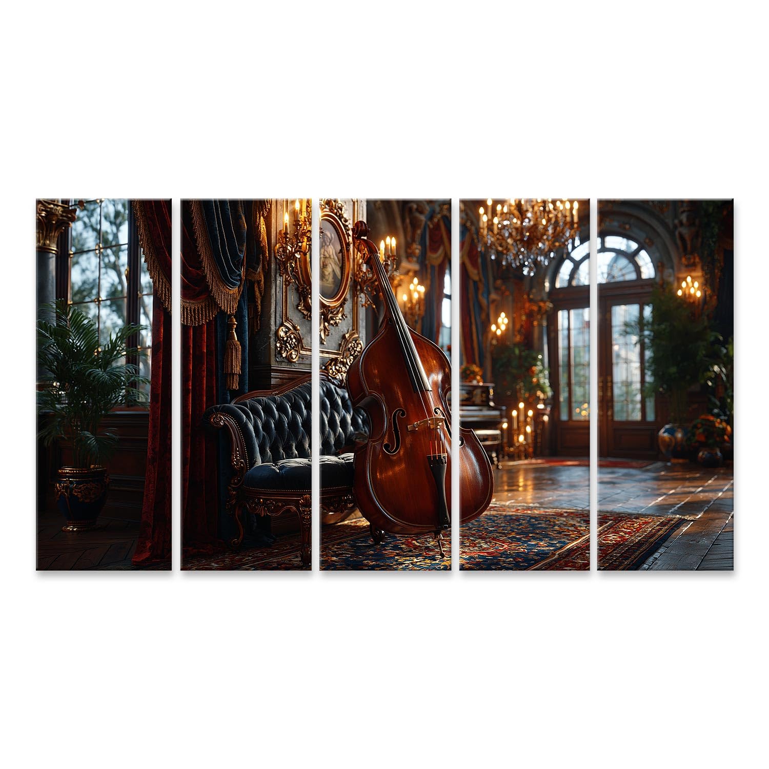 islandburner Cuadro sobre lienzo elegante de contrabajo impresión artística para sala de estar para amantes de la música – 5 piezas XXL – Edición W1