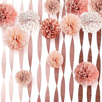 NICROLANDEE Wedding Decorations - 12 PCS Rose Gold Burnt Coral Tissue Paper Pom Poms and 8 Rolls Rose Gold Crepe Paper Streamers for Wedding Bachelorette Party Birthday Baby Bridal Shower Decorations