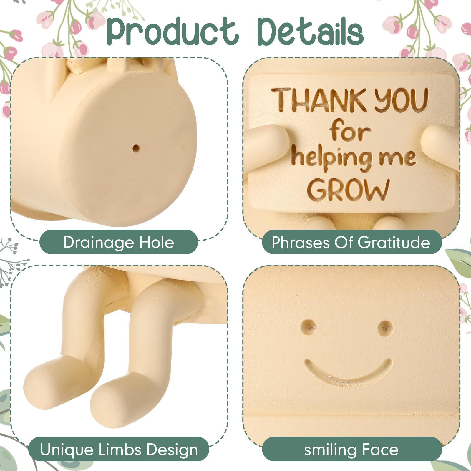 Briwooody Maceta sentada con texto en inglés "Thank You for Help me", macetas divertidas de 3.9 pulgadas con drenaje, bonita maceta para interiores y exteriores, decoración del hogar, regalo divertido