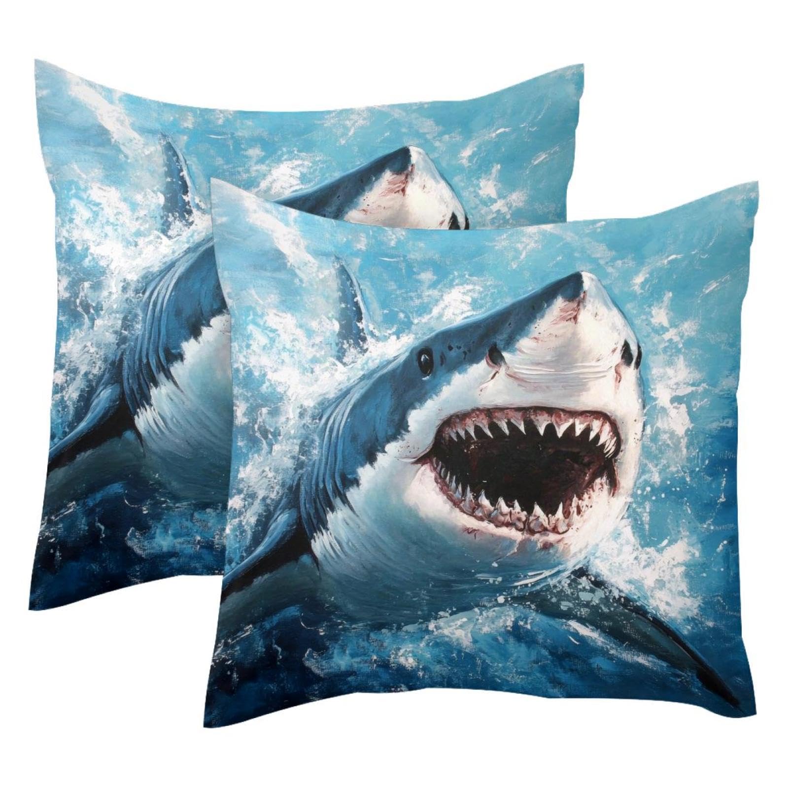 Fundas de cojín de terciopelo tiburón gigante de boca grande en pack de 2 unidades de 50x50 cm 1