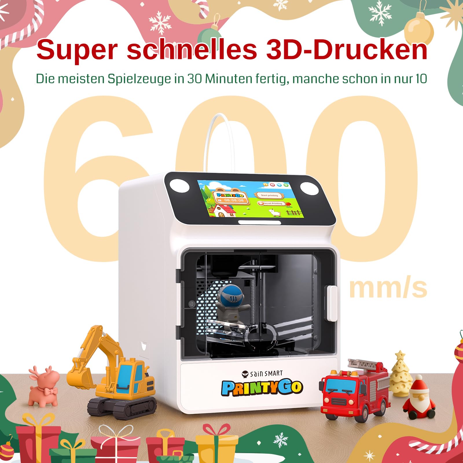 SainSmart PrintyGo Mini 3D-Drucker für Kinder – 600 mm/s Auto-Leveling, 5"-Touchscreen, 1500+ Modelle, Kindersicher, Wi-Fi/App-Steuerung, Vormontiert – Perfektes STEM-Lernspielzeug