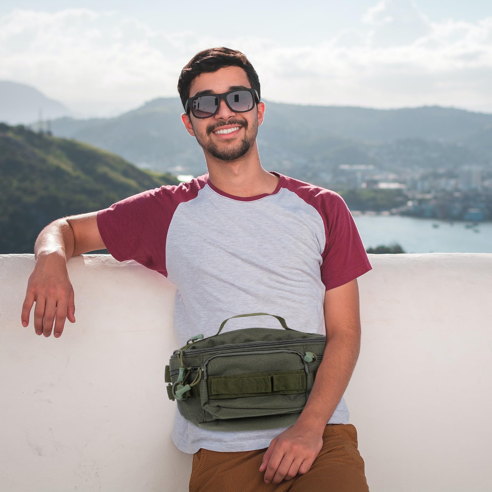 NOLITOY Riñonera Multifuncional de Poliéster para Hombre, Bolsa Bandolera con Bolsillo para Botella de Agua, Adecuado para Senderismo, Ciclismo y Pesca, Tamaño Pequeño en Verde Militar