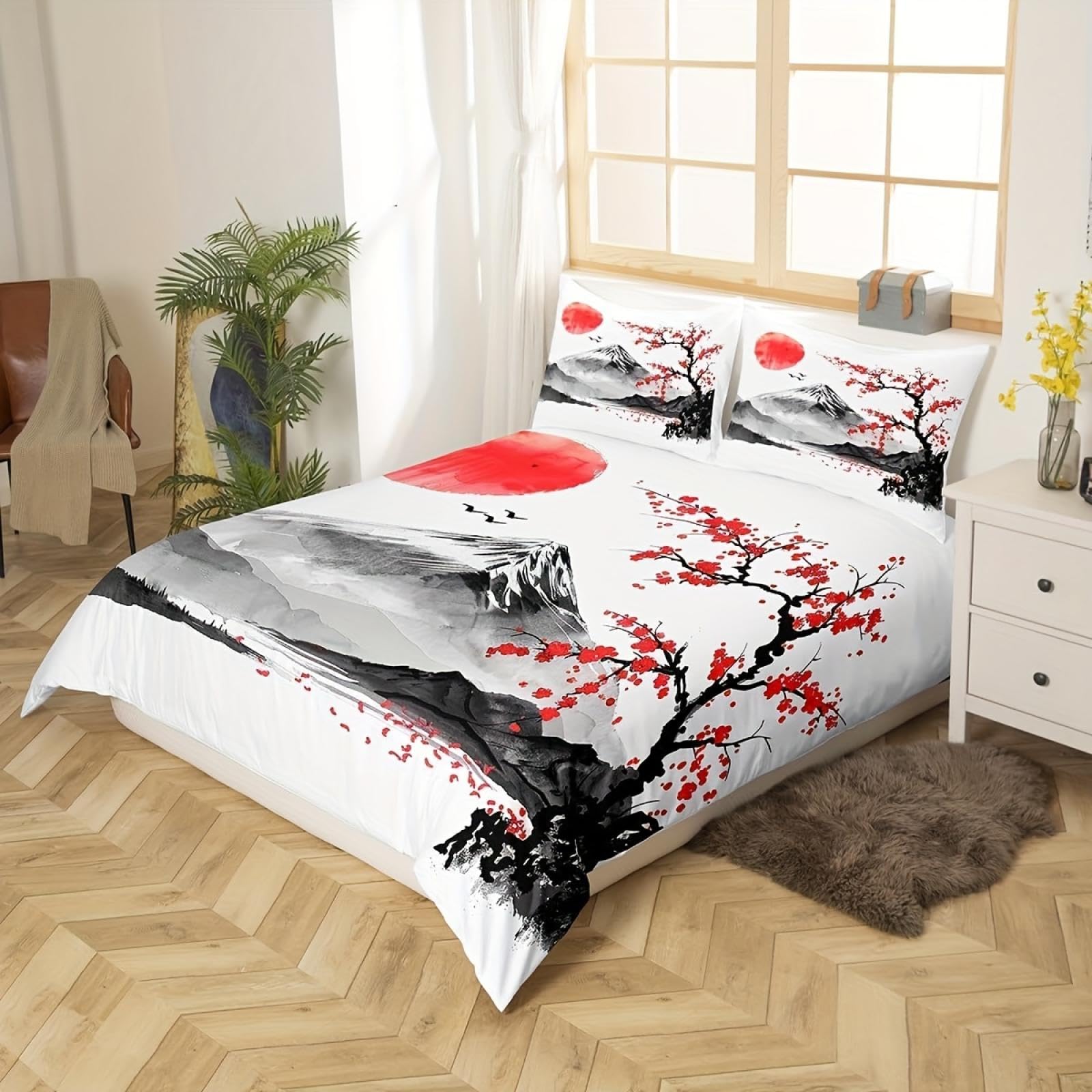 Housse de couette exotique 240x220cm avec taies 60x60 style japonais et motif Mont Fuji