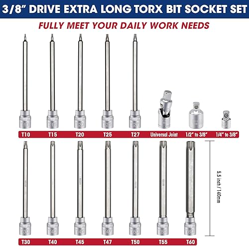 Miniatura 2 de RIZOM Juego de dados Torx extra largos de 15 piezas, 38 pulgadas, juego de llaves de vaso T10-T60, acero CR-V y S2