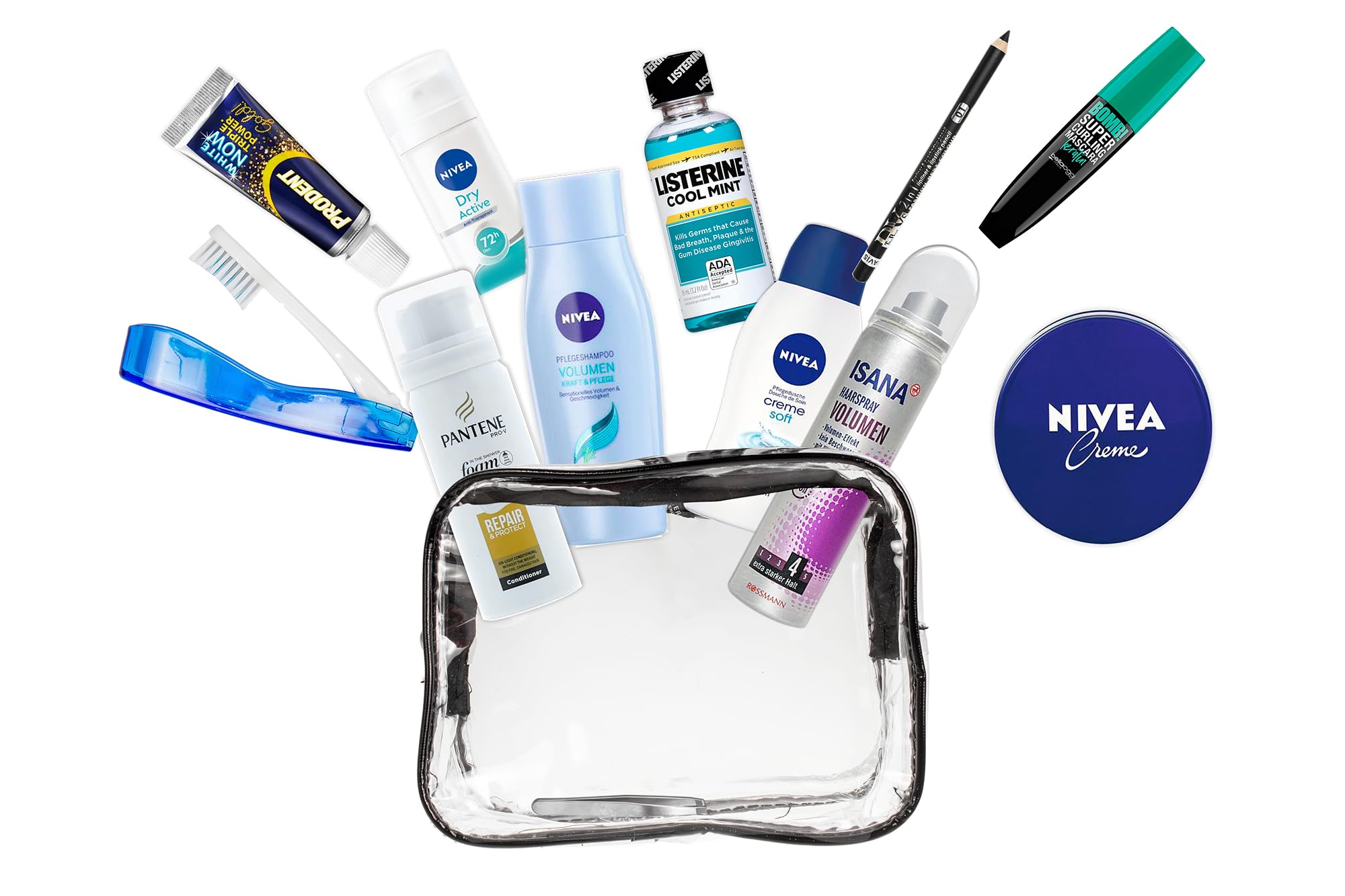 Set da viaggio adatto per bagaglio a mano, vacanze, comprendente tutti i prodotti di marca per la cura della persona necessari, in un beauty case in PVC