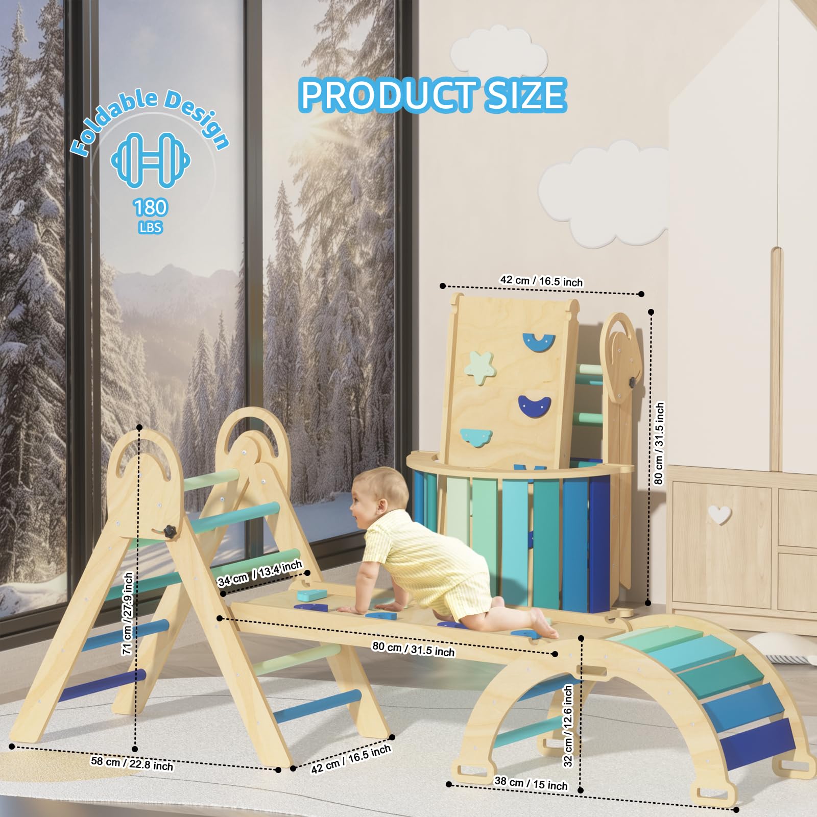 Ensemble Triangle D'Escalade Intérieur Montessori 1,7 En 1 Avec Coussin - Bleu