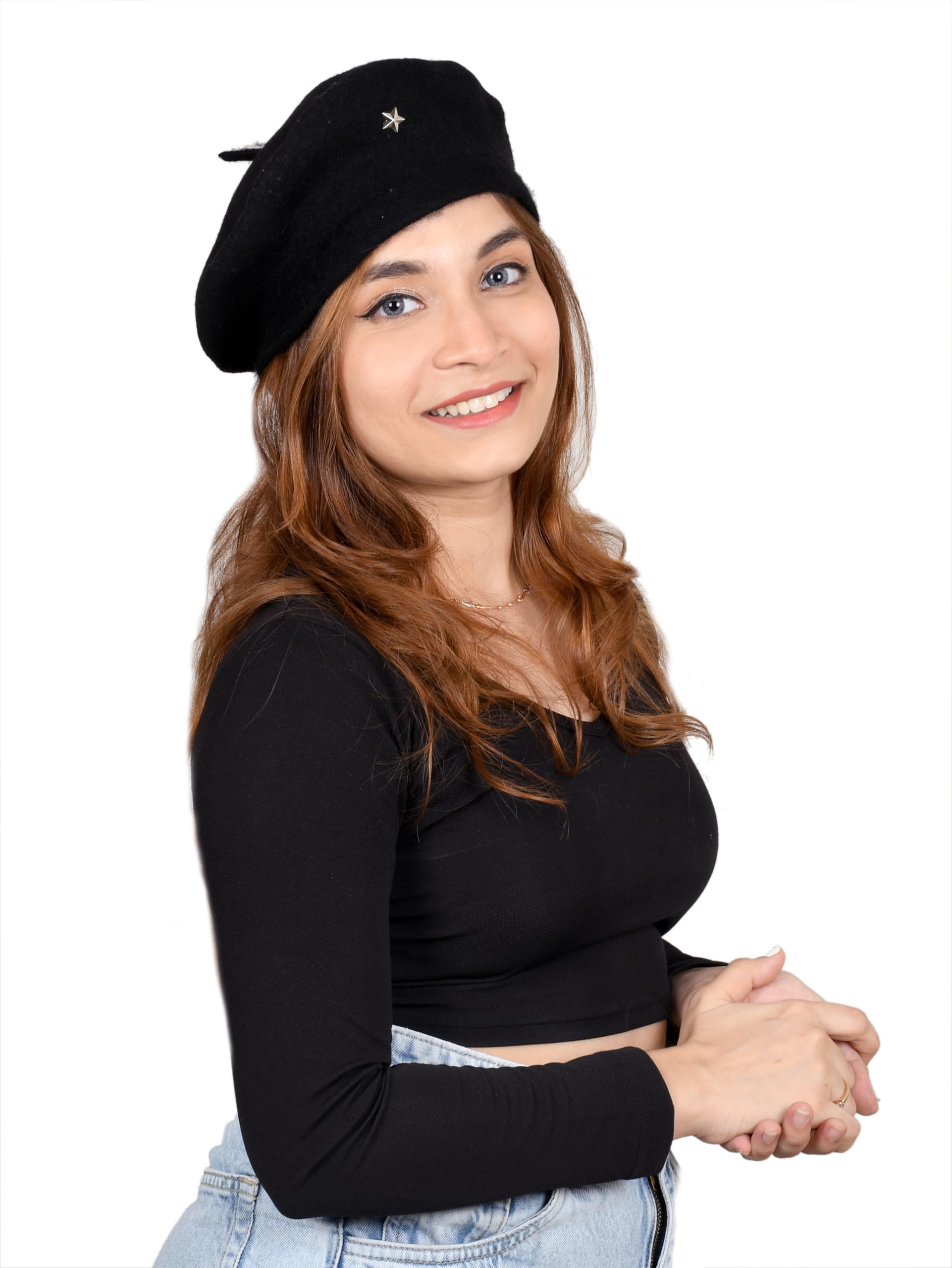 SOUL eTHICS Women's Premium Wool Blend French Artist Beret Cap - Stylish, Warm & Classic - Elegant Winter Beanie Hat for Girls & Ladies -Free Size (in, Alpha, Free Size, Royal Blue, Star) - Image 6 thumbnail