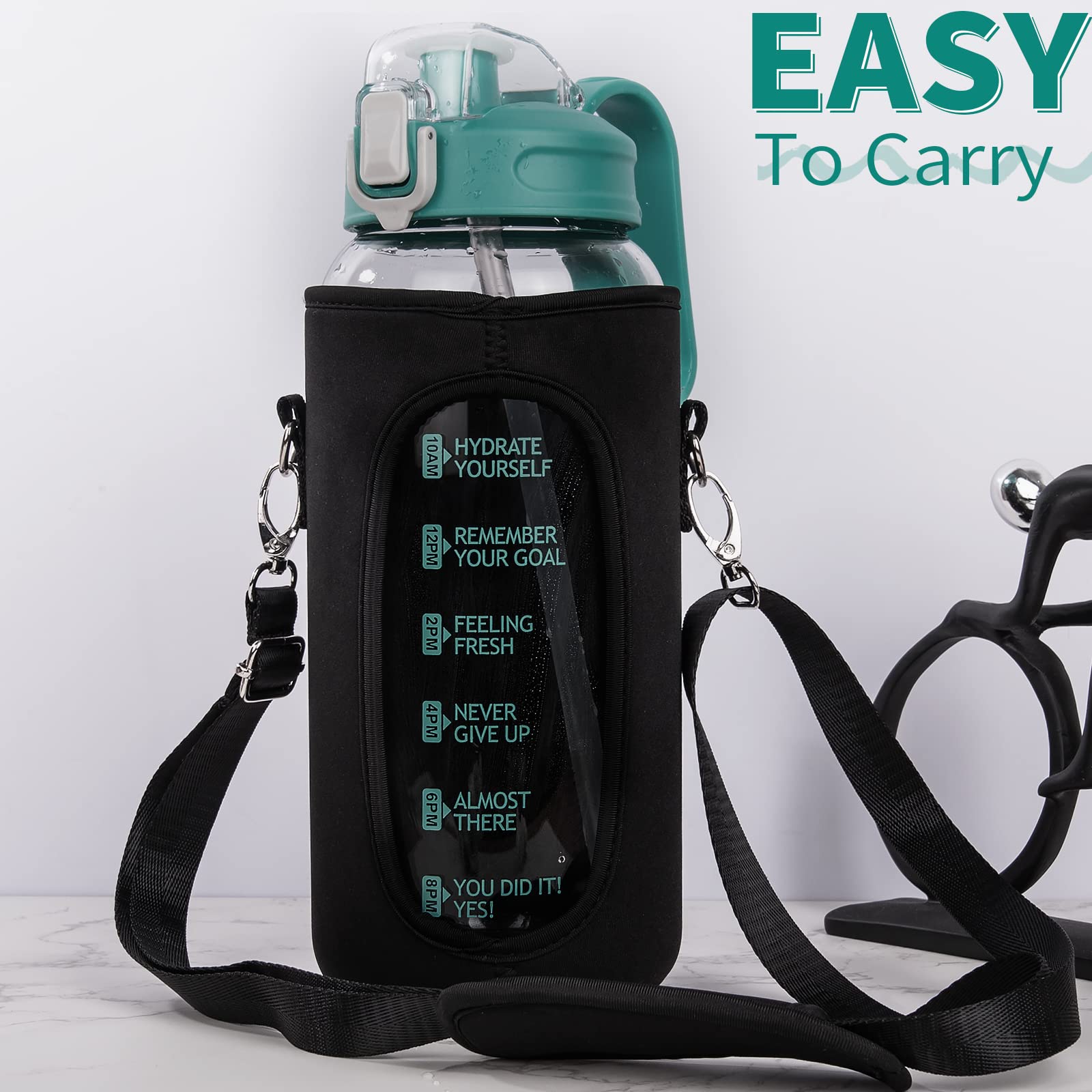 DEARRAY 1.5 Litre Glass Water Bottle With Straw & Time Markings, Large Leakproof Motivational Drinking Bottle - Image 2
