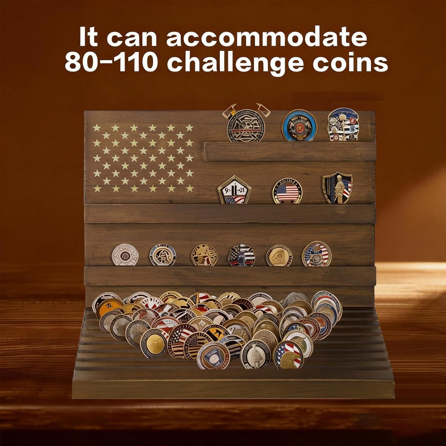 Jinchuan Solid Wood Challenge Coin Display Stand, 13-Row Sloped Base Military Coin Organizer, Holds 80-110 Standard Coins, Walnut Finish Coin Holder for Collectors (Walnut)