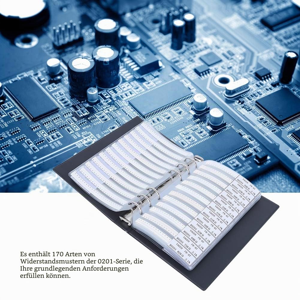 Widerstands-Musterbuch, Widerstands-Kombinations-Musterbuch-Kit 0201 Serie 170 Wert-Kunststoffwiderstände-Kit Buch Tragbare Elektronische Komponenten Sortiments-Kits Musterbuch-Organizer Schwarz