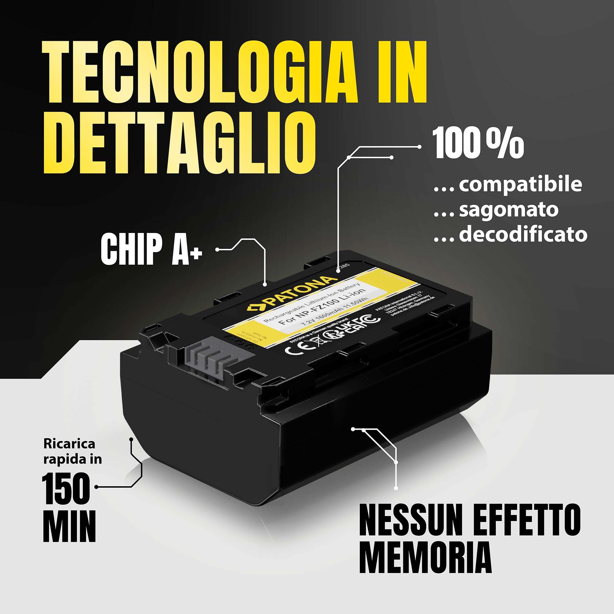 PATONA NP-FZ100 Batteria 1600mAh – Ricambio per Sony NP-FZ100 – per Alpha A6600 A6700 A1 A9 A7 III A7 IV A7R III A7R IV A7R V A7C A7C II FX3 FX30 – riserva affidabile