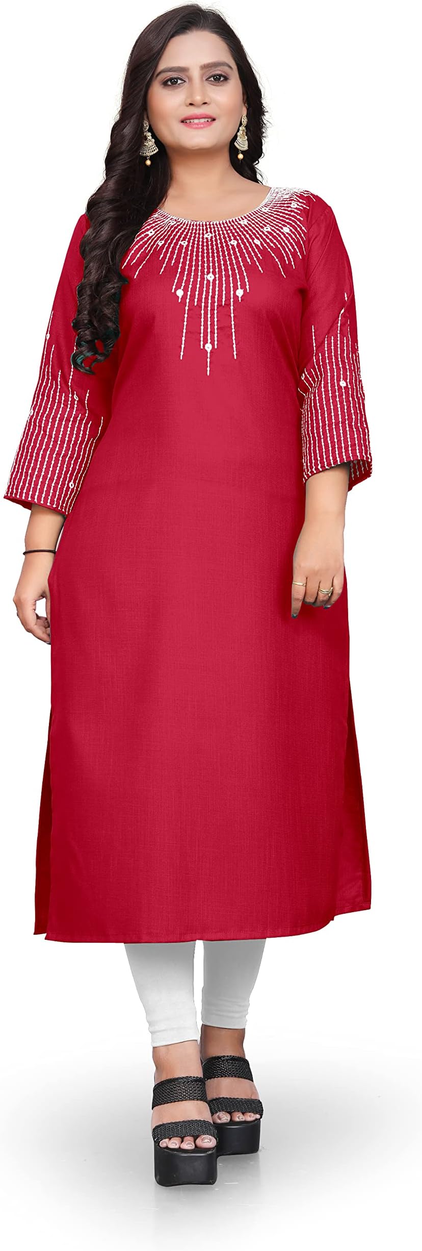 Heewaa Women's Cotton Embroidered Work Straight Kurti (X-Large, Chery)