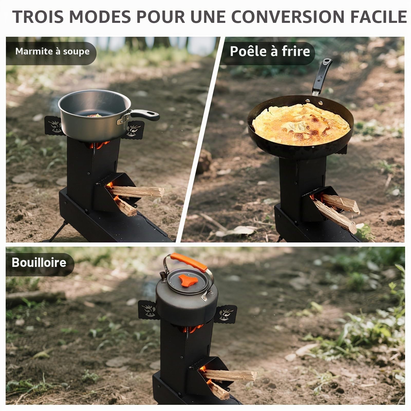 Poêle à fusée portable pliable avec brûleur à bois pour la cuisine en plein air, pique-nique, barbecue, chasse, pêche, en fonte d'acier - Avec sac de transport