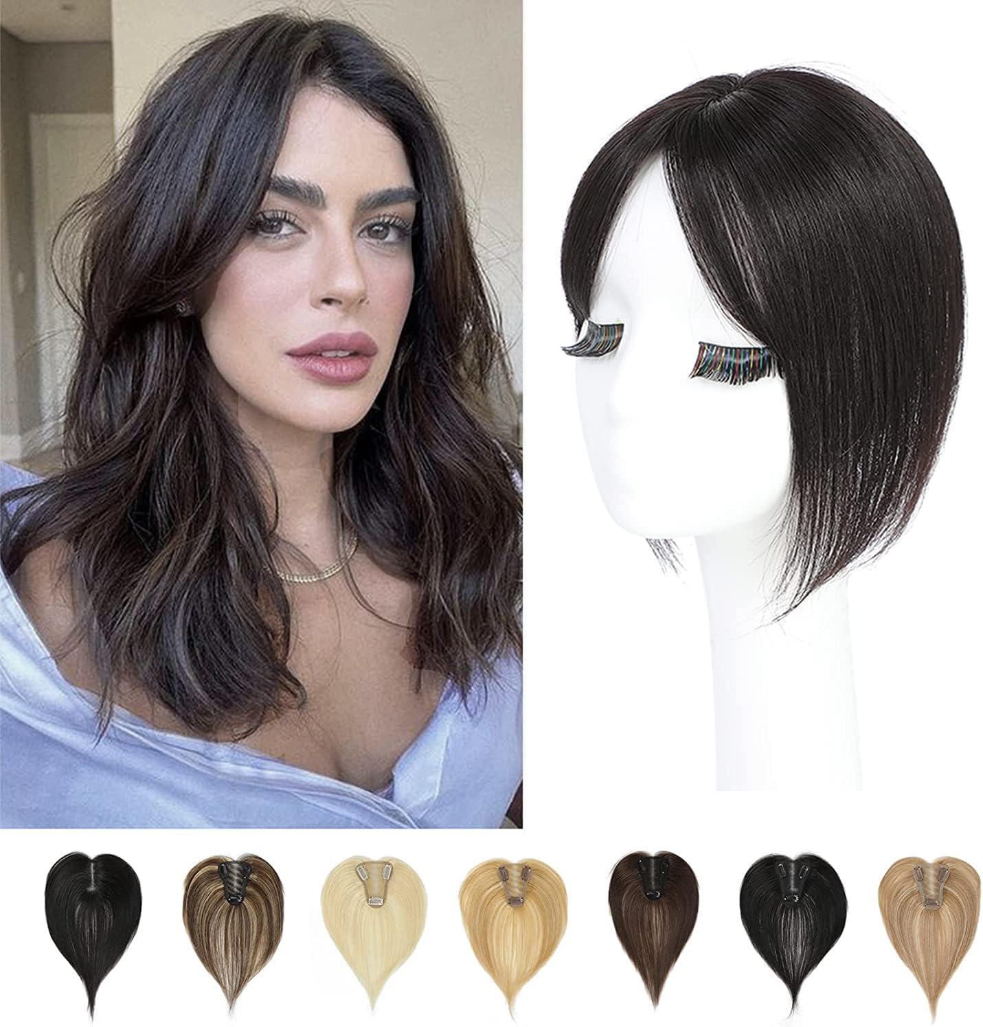 Lasunork Hair Toppers for Thinning Hair Women Real Hair Pieces for Women Human Hair Topper Adding Extra Hair Volume Swiss Base Clip in Hair Extensions 10inch (Natural Black)