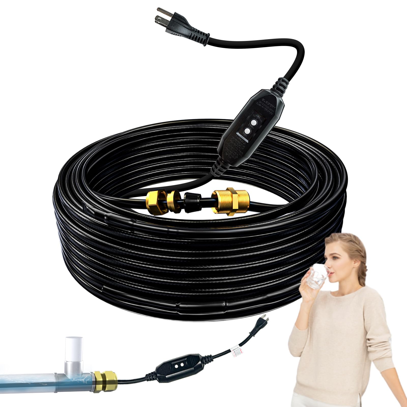HEATIT NSF/ANSI/CAN 61 Certified Heating Cable for Drinking Water Self Regulating In Pipe Heat Tape Pre-Assembled Pipe Freeze Protection 120V, 65FT