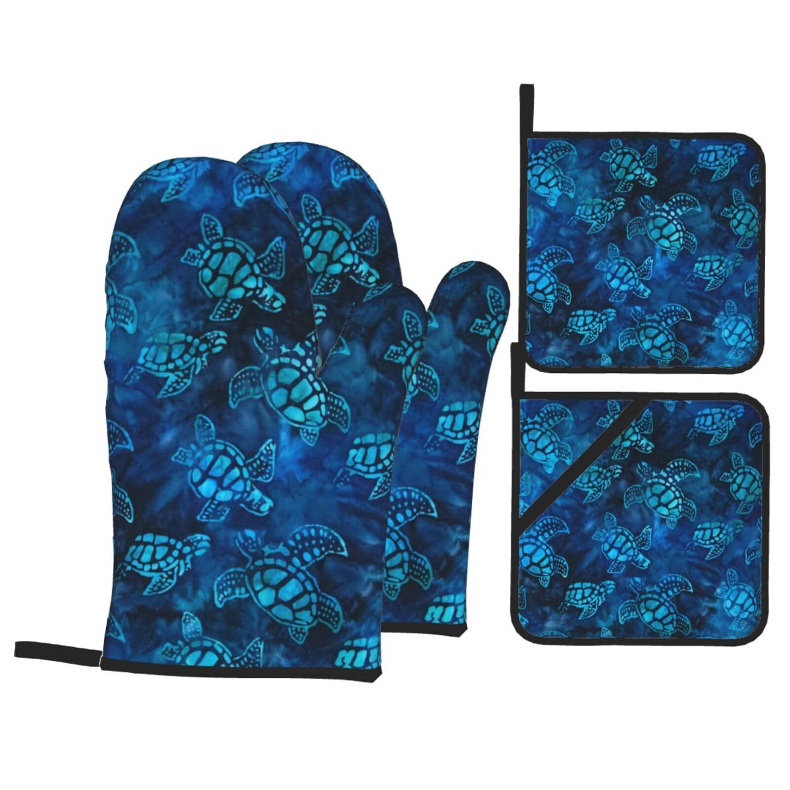 Sea Turtle-Blue Print Stylish Heat-Resistant Oven 4-Piece Set Kitchen Gloves Roasting Daily Cooking