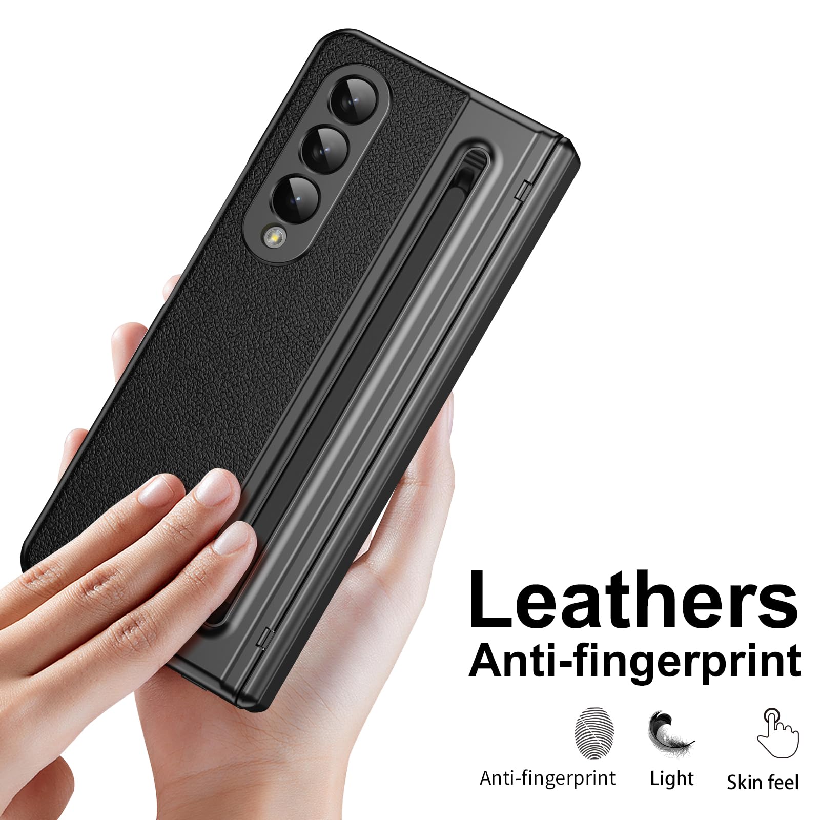 per Galaxy Z Fold4 Custodia con Penna e Slot per Penna, Pellicola Protettiva in Vetro Temperato + Protezione Cerniera Cover in Pelle per Samsung Galaxy Z Fold4-Nero