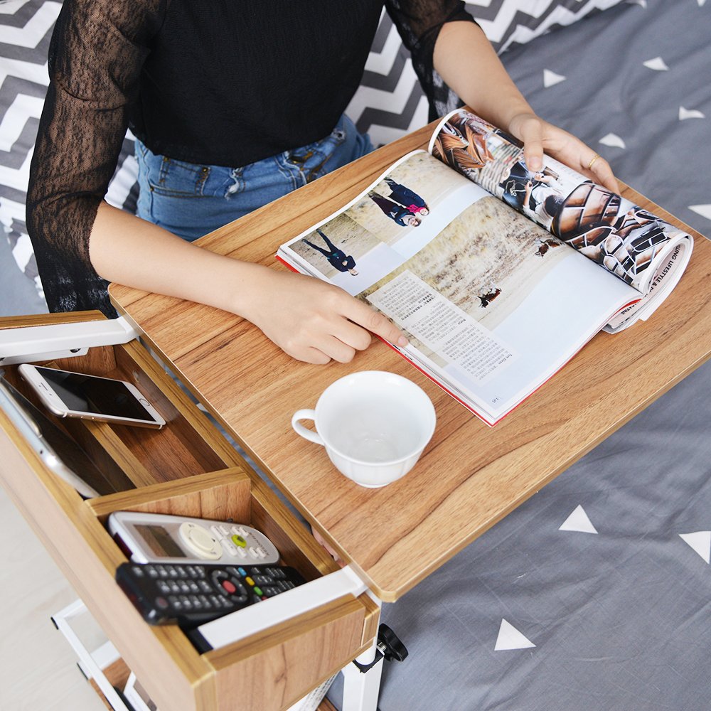 sogesfurniture Tavolo per computer portatile regolabile in altezza, tavolino mobile da divano, tavolo con ruote, spazio di archiviazione, per camera da letto, soggiorno, 50 x 40 x 55 – 80 cm, rovere