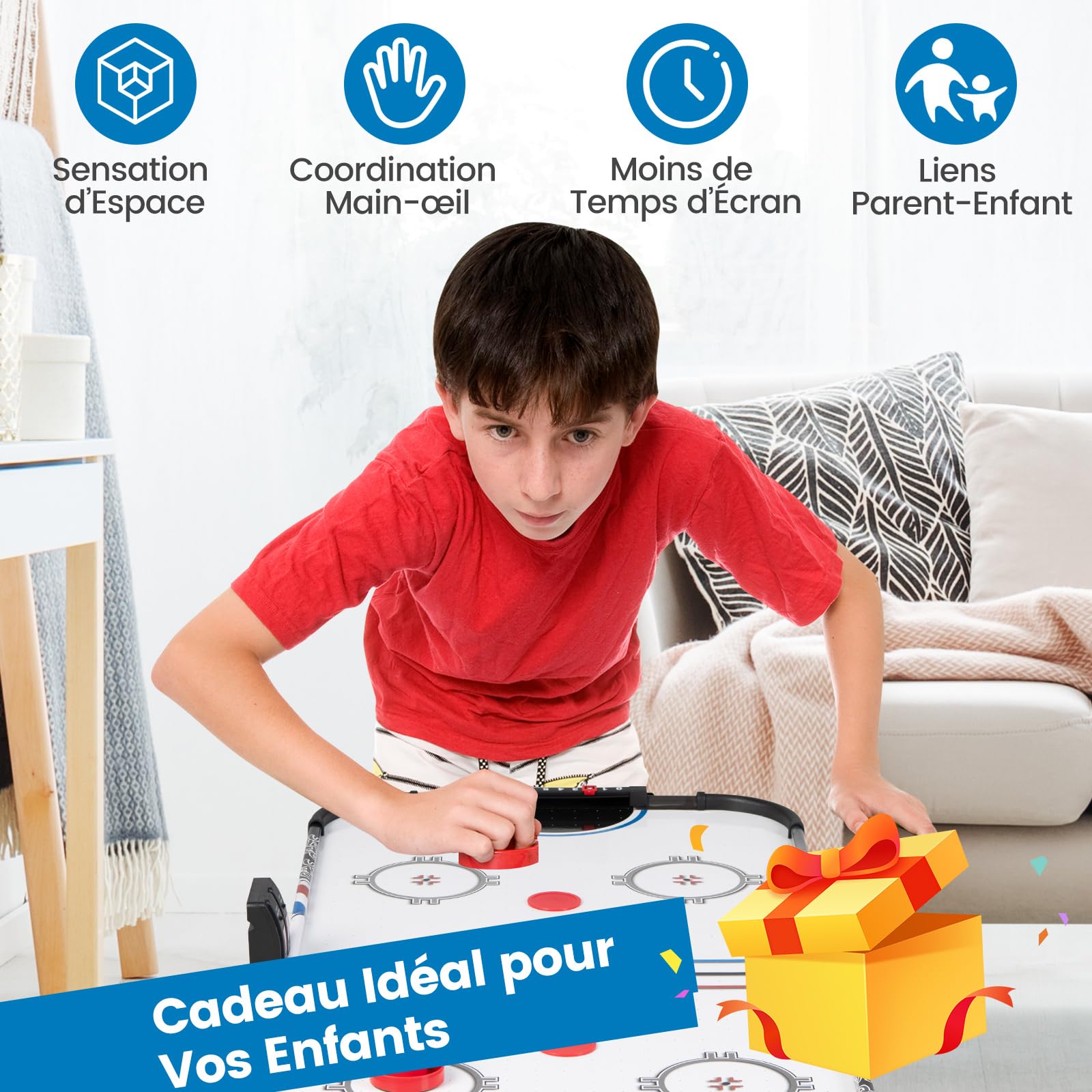 DREAMADE Table de Air Hockey 42 Pouces, Table de Jeu avec Air & Compteur de Points Électronique LED & 2 Palets & 2 Poussoirs & 2 Tapis de Feutre, pour Enfants & Adultes, Noir + Blanc