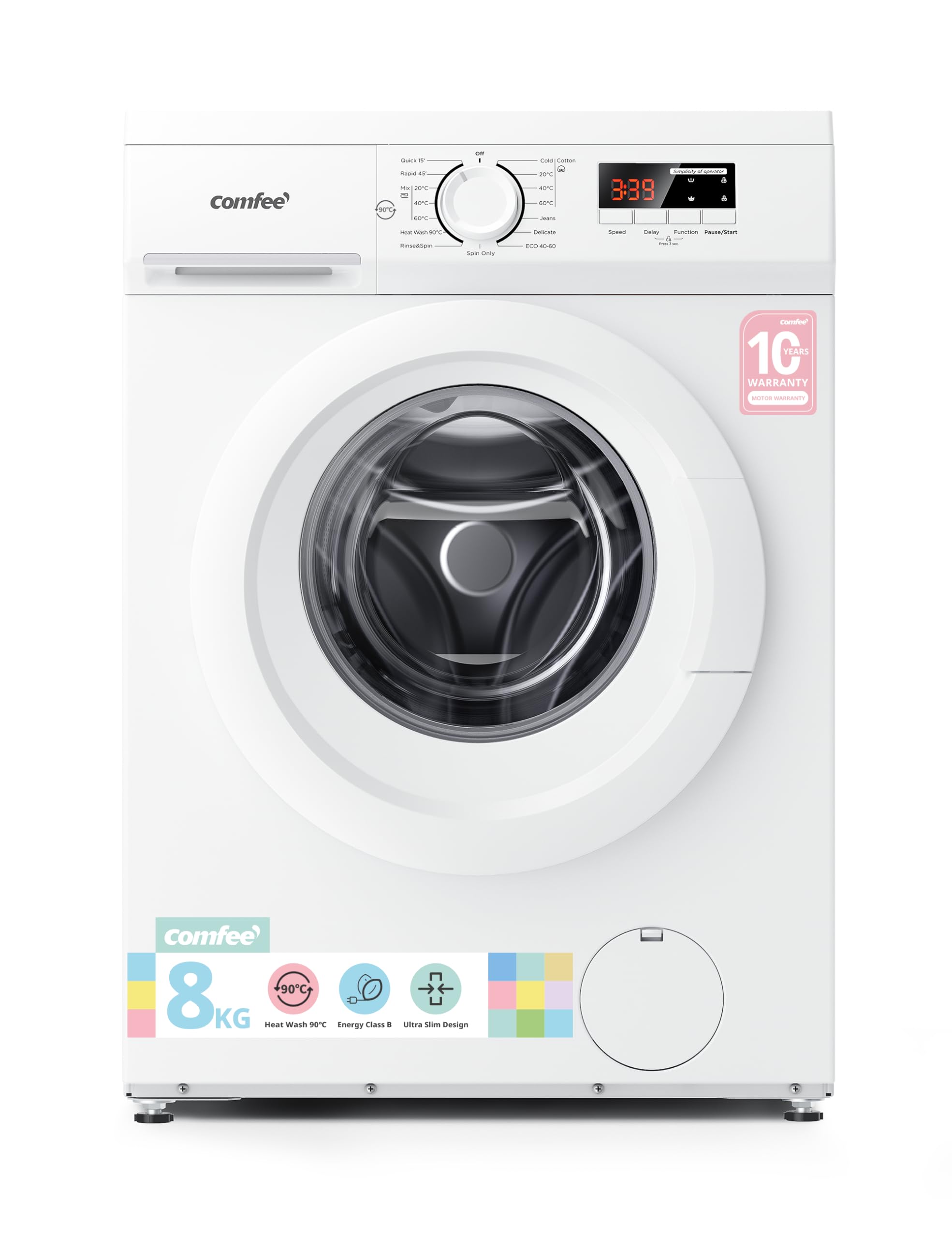 COMFEE' CFE12EW80/W Freestanding Washing Machine,8KG Load,1400RPM,Heat Wash,Quick Wash,BLDC Inverter Motor,White
