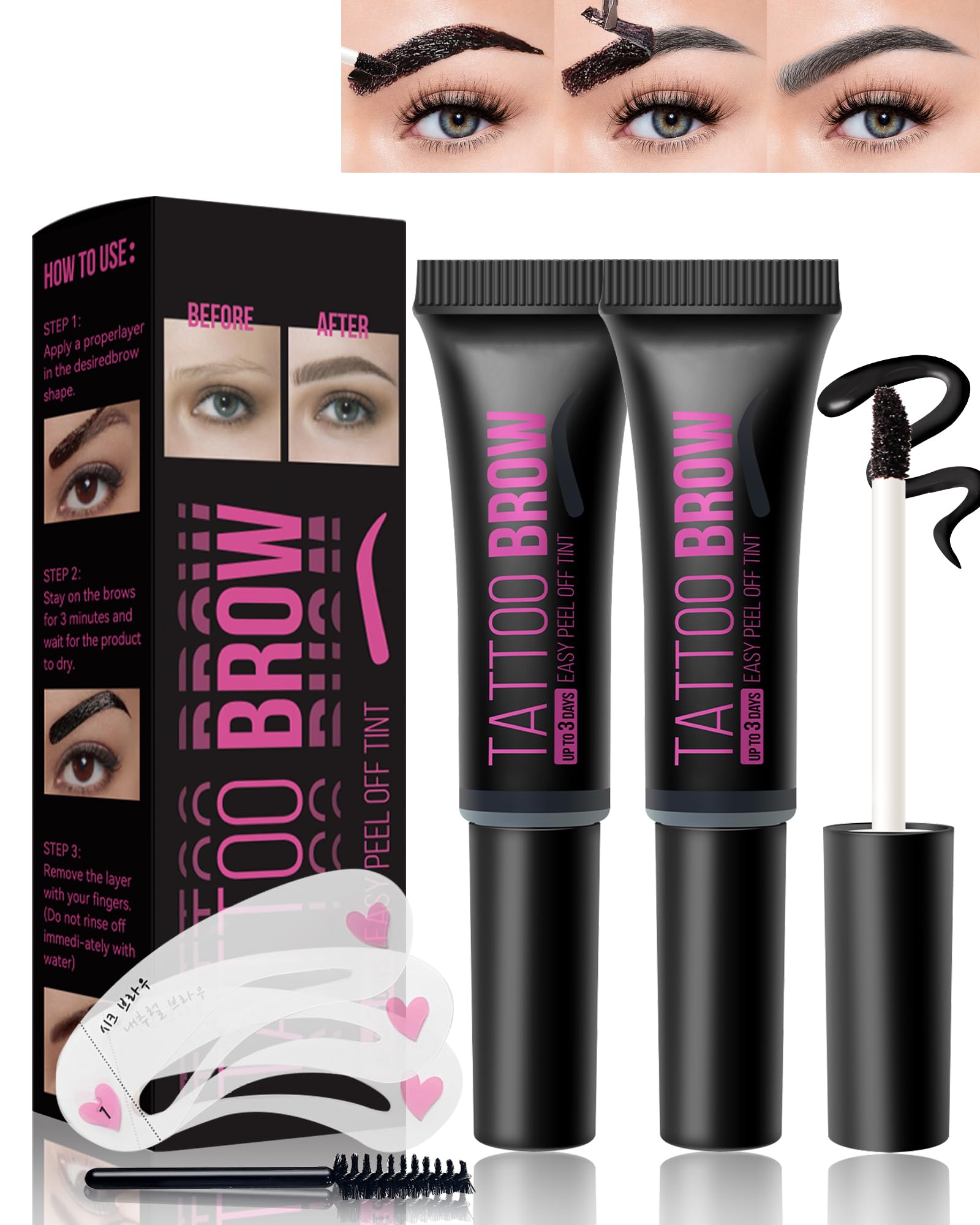 Peel Off Tattoo Eyebrow Gel-2Pcs Gray Tattoo Peel Off Eyebrow Gel Tinted, Long Lasting Waterproof Transfer-proof Tattoo Brow Peel Off Tinted Gel Brow Last Up to 3 Days, with Brow Stencil & Brush-01#