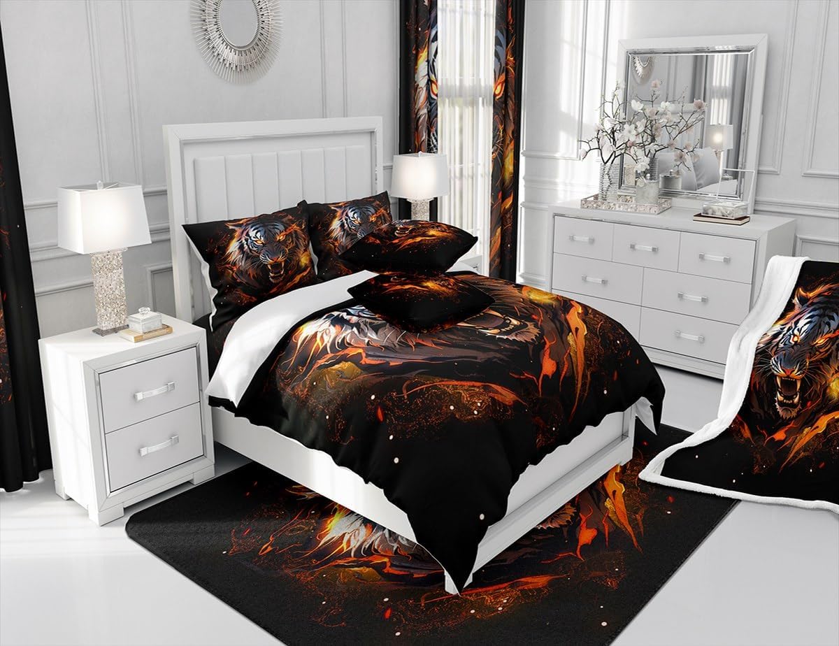 Feelyou Tiger Fleece Throw Blanket for Kids Cool Black Fire Tiger Plush Blanket Tiger Lover Sherpa Blanket Bedroom Decor Animal Fuzzy Blanket for Sofa Bed Couch,Queen 90x90 Inches